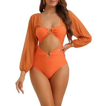 Women's Cut Out Ring Plunge Neck Shirred Bikini, One Piece Mesh Tummy Control Swimsuit Bathing Suit