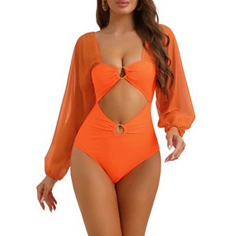 Women's Cut Out Ring Plunge Neck Shirred Bikini, One Piece Mesh Tummy Control Swimsuit Bathing Suit