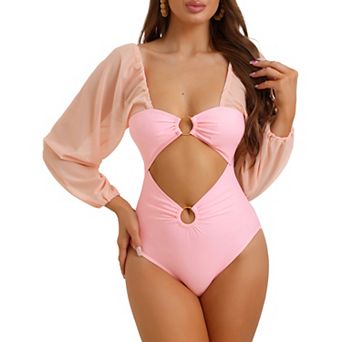 Women's Cut Out Ring Plunge Neck Shirred Bikini, One Piece Mesh Tummy Control Swimsuit Bathing Suit