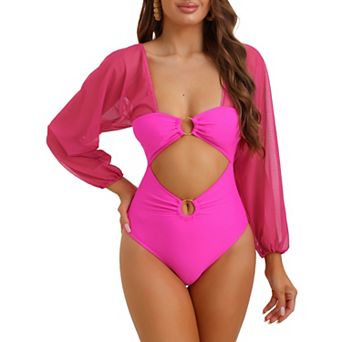 Women's Cut Out Ring Plunge Neck Shirred Bikini, One Piece Mesh Tummy Control Swimsuit Bathing Suit