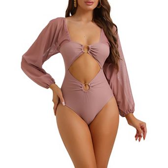 Women's Cut Out Ring Plunge Neck Shirred Bikini, One Piece Mesh Tummy Control Swimsuit Bathing Suit