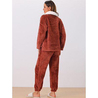 Women's Fluffy Fleece Pullover Tops with Pants Winter Plush Pjs