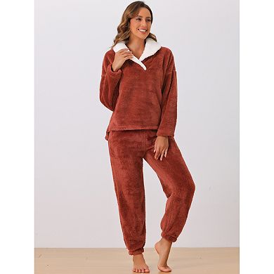 Women's Fluffy Fleece Pullover Tops with Pants Winter Plush Pjs Warm Lounge Fuzzy Pajamas Sets
