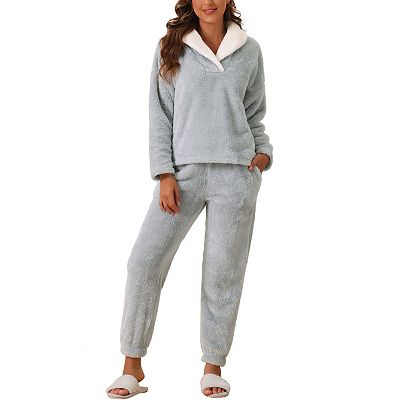 Women's Fluffy Fleece Pullover Tops with Pants Winter Plush Pjs