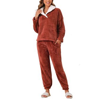 Women's Fluffy Fleece Pullover Tops with Pants Winter Plush Pjs Warm Lounge Fuzzy Pajamas Sets