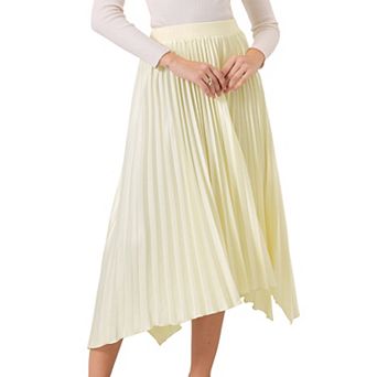 Women's Pleated Skirt Elastic Waist Asymmetrical Hem Satin Midi Flare Skirts