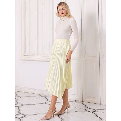 Women's Pleated Skirt Elastic Waist Asymmetrical Hem Satin Midi Flare Skirts
