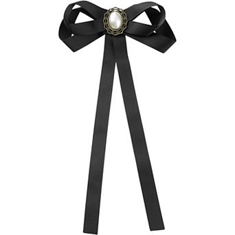 Women's Pre-Tied Long Ribbon Bowknot Bow Brooch Pin with Faux Pearl for Wedding Party