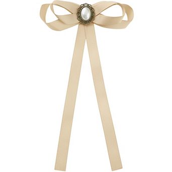 Women's Pre-Tied Long Ribbon Bowknot Bow Brooch Pin with Faux Pearl for Wedding Party
