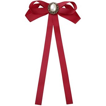 Women's Pre-Tied Long Ribbon Bowknot Bow Brooch Pin with Faux Pearl for Wedding Party