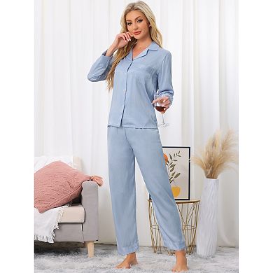 Womens Satin Classic Pjs Button Down Long Sleeve with Pamts Silky Pajamas Sets