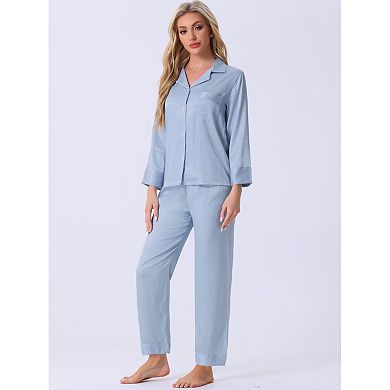 Womens Satin Classic Pjs Button Down Long Sleeve with Pamts Silky Pajamas Sets