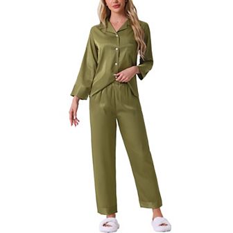 Womens Satin Classic Pjs Button Down Long Sleeve with Pamts Silky Pajamas Sets