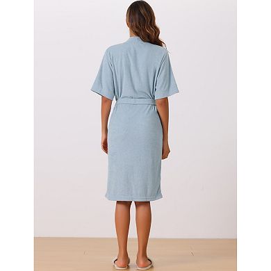 Women's Towel Robe Short Sleeve Toweling Self Tie Loose Bathrobe for After Shower with Pocket