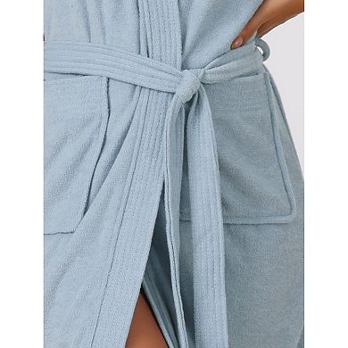 Women's Towel Robe Short Sleeve Toweling Self Tie Loose Bathrobe for After Shower with Pocket