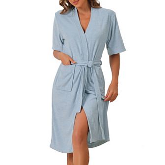 Women's Towel Robe Short Sleeve Toweling Self Tie Loose Bathrobe for After Shower with Pocket