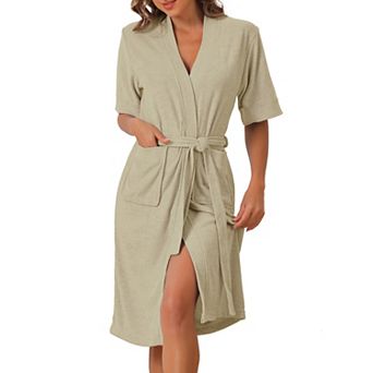 Women's Towel Robe Short Sleeve Toweling Self Tie Loose Bathrobe for After Shower with Pocket