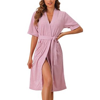 Women's Towel Robe Short Sleeve Toweling Self Tie Loose Bathrobe for After Shower with Pocket