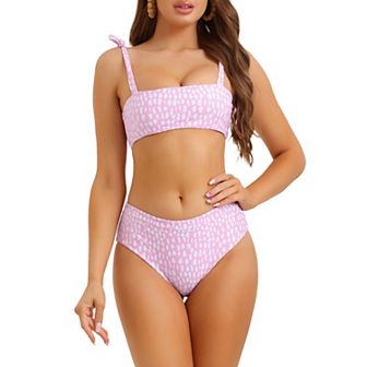 Women's Tie Shoulder Bandeau Bikini Sets, 2 pc High Waist Swimwear Suits