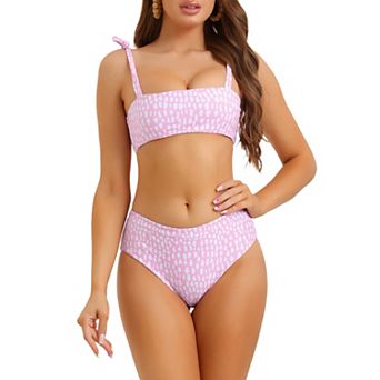 Women's Tie Shoulder Bandeau Bikini Sets, 2 pc High Waist Swimwear Suits