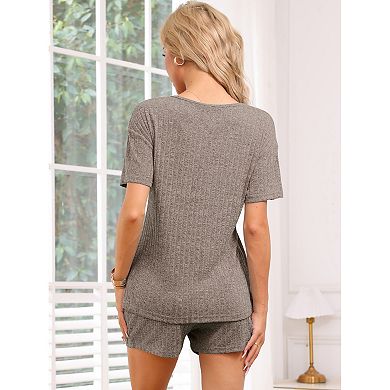 Womens Pajama Ribbed Knit Sleepwear Short Sleeve Top and Shorts with Pockets Lounge Set