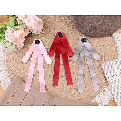 Women's Ribbon Brooch Bowknot Pre Tied Necktie Pin Collar Bow Ties with Black Rhinestone
