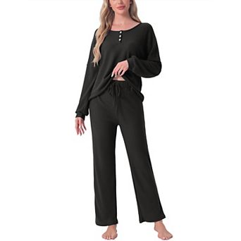 Womens Pajama Set Waffle Knit Lounge Long Sleeve 2 pc PJ's Set Sweatsuit Outfits