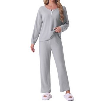 Womens Pajama Set Waffle Knit Lounge Long Sleeve 2 pc PJ's Set Sweatsuit Outfits