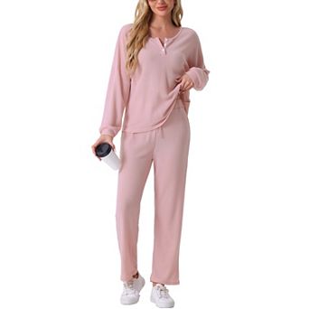 Womens Pajama Set Waffle Knit Lounge Long Sleeve 2 pc PJ's Set Sweatsuit Outfits