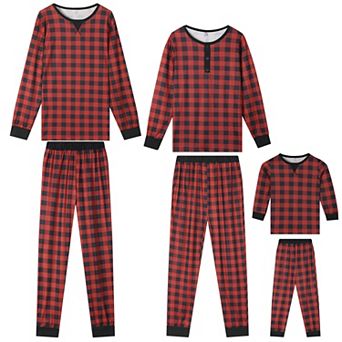 Christmas Pajama Set Red Black Plaid Print Long Sleeve Top Matching Pants