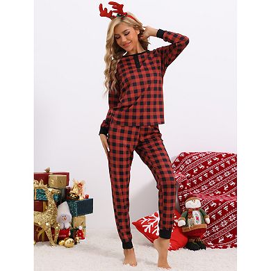 Christmas Pajama Set Red Black Plaid Print Long Sleeve Top Matching Pants