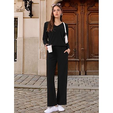 Womens Lounge Ribbed Knit V Neck Long Sleeve with Pants Pjs Casual Sleepwear Pajamas Sets