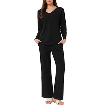 Womens Lounge Ribbed Knit V Neck Long Sleeve with Pants Pjs Casual Sleepwear Pajamas Sets