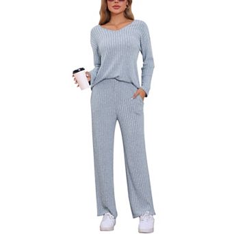 Womens Lounge Ribbed Knit V Neck Long Sleeve with Pants Pjs Casual Sleepwear Pajamas Sets