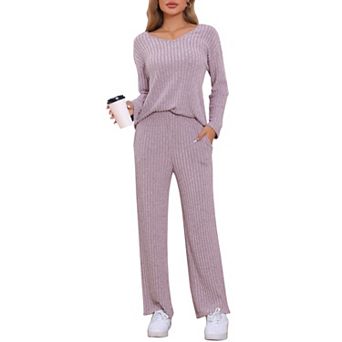 Womens Lounge Ribbed Knit V Neck Long Sleeve with Pants Pjs Casual Sleepwear Pajamas Sets