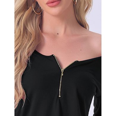 Womens Long Sleeves Tees Shirts Zipper Up Pullover Solid Outfits Round Neck Pajama Tops