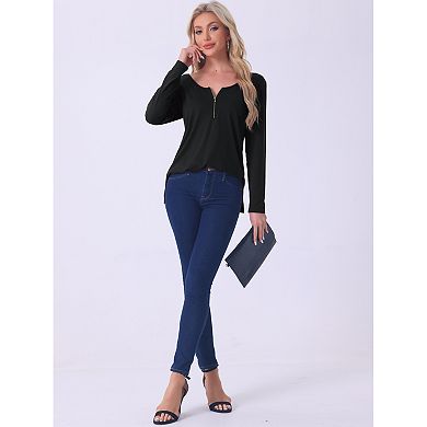 Womens Long Sleeves Tees Shirts Zipper Up Pullover Solid Outfits Round Neck Pajama Tops