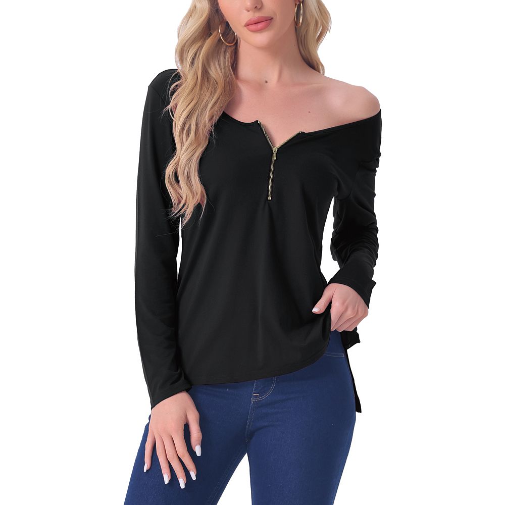 ZAFUL Women's Tops Round Neck Sleeve Curved Hem Strip Long Sleeved T Shirt Casual Sweater