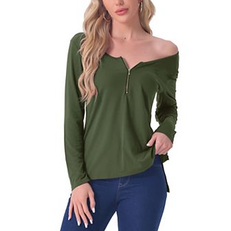 Womens Long Sleeves Tees Shirts Zipper Up Pullover Solid Outfits Round Neck Pajama Tops