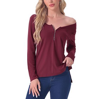 Womens Long Sleeves Tees Shirts Zipper Up Pullover Solid Outfits Round Neck Pajama Tops