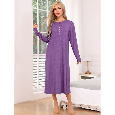 Womens Knit Nightgown Scoop Neck Button Down Long Sleeve Long Nightshirt
