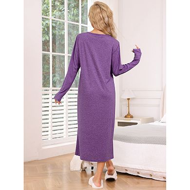Womens Knit Nightgown Scoop Neck Button Down Long Sleeve Long Nightshirt