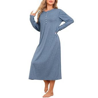 Womens Knit Nightgown Scoop Neck Button Down Long Sleeve Long Nightshirt
