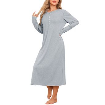 Womens Knit Nightgown Scoop Neck Button Down Long Sleeve Long Nightshirt