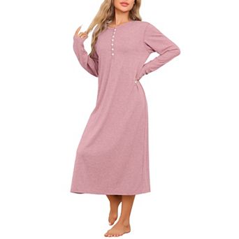 Womens Knit Nightgown Scoop Neck Button Down Long Sleeve Long Nightshirt