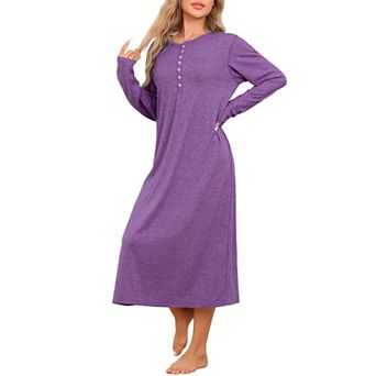 Womens Knit Nightgown Scoop Neck Button Down Long Sleeve Long Nightshirt