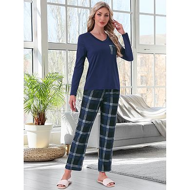 Pajamas Set for Women Long Sleeve Plaid Soft Pajamas Set Lounge Sets with Pockets