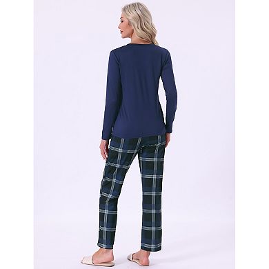 Pajamas Set for Women Long Sleeve Plaid Soft Pajamas Set Lounge Sets with Pockets
