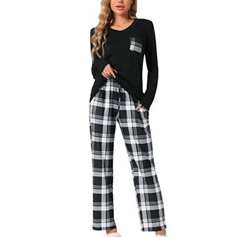 Pajamas Set for Women Long Sleeve Plaid Soft Pajamas Set Lounge Sets with Pockets