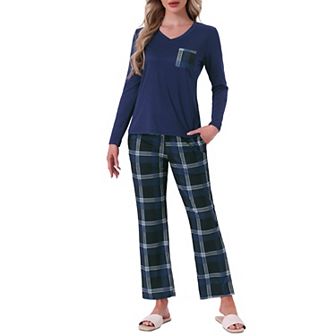Pajamas Set for Women Long Sleeve Plaid Soft Pajamas Set Lounge Sets with Pockets